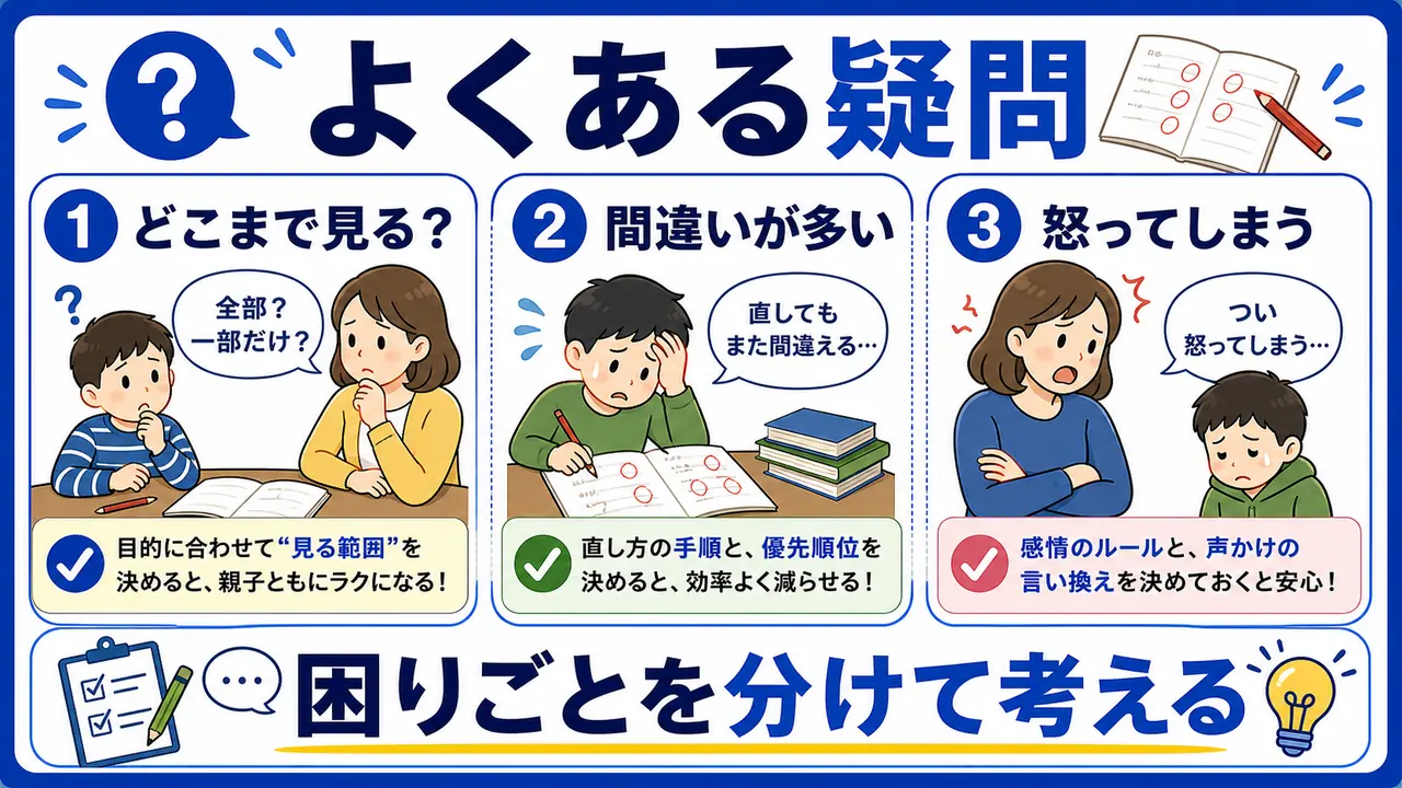 丸つけの範囲、間違いの多さ、親が怒ってしまう悩みを整理する図