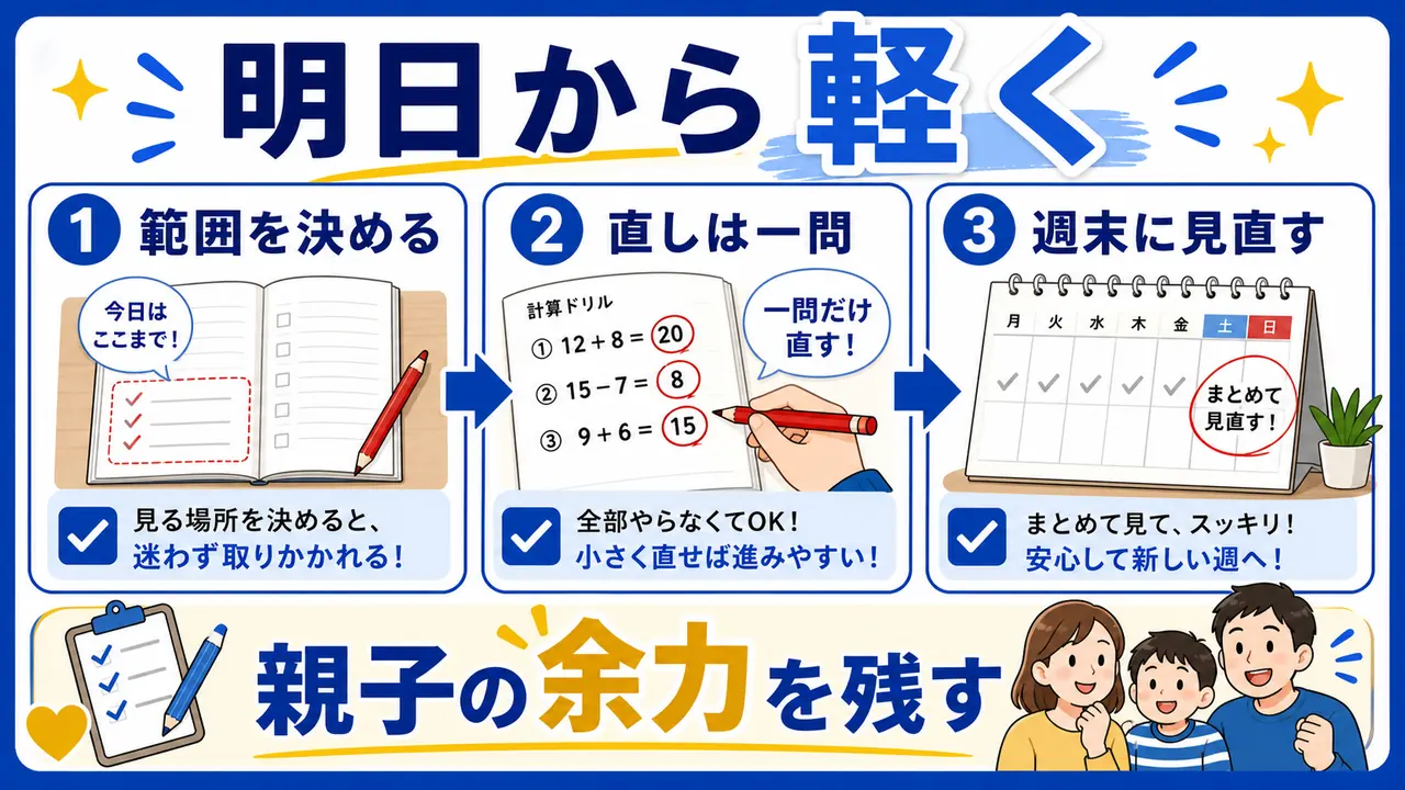 丸つけの範囲を決め、直しを一問に絞り、週末に見直す流れの図
