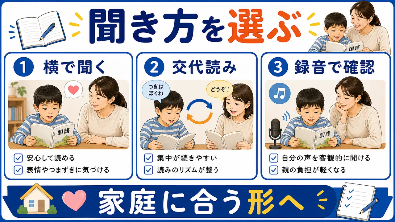 横で聞く、交代読み、録音を比べる表の図