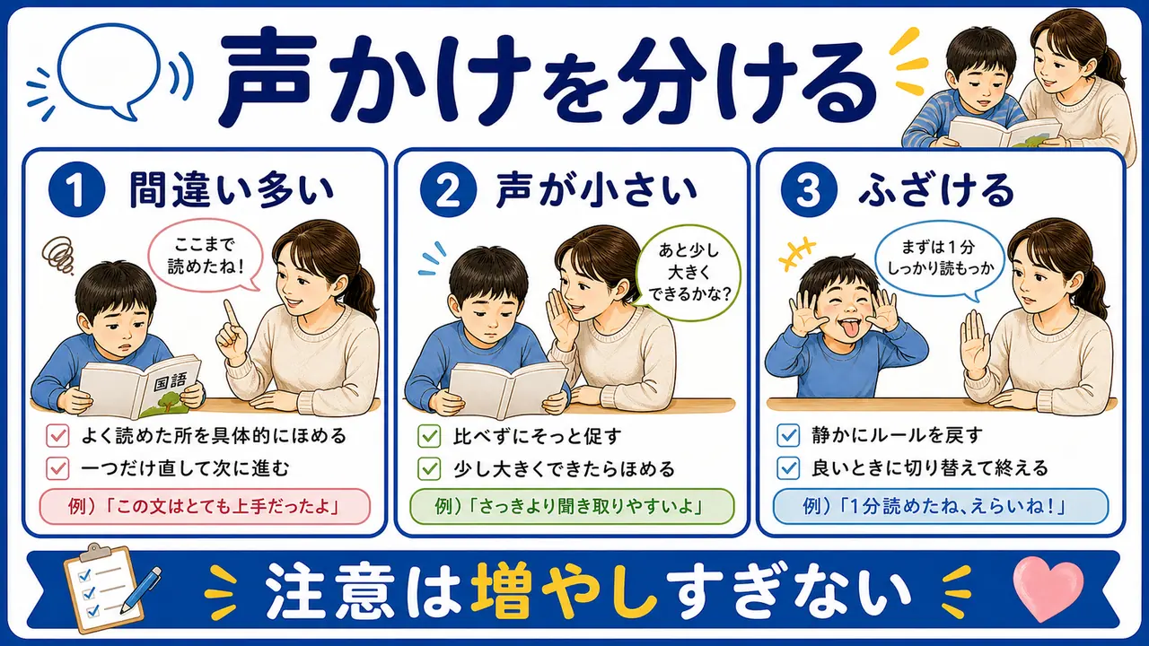 読み間違い、声が小さい、ふざける場合の声かけの図