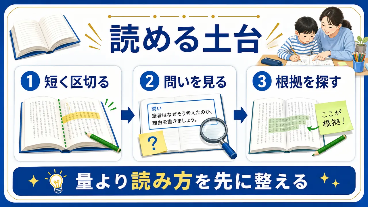 読解を支える土台として、短く区切る、問いを見る、根拠を探す流れを示した図