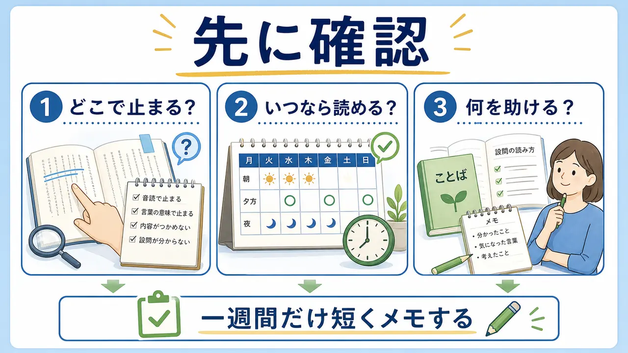読解の対策前に、どこで止まるか、いつ読めるか、何を助けるかを確認する図