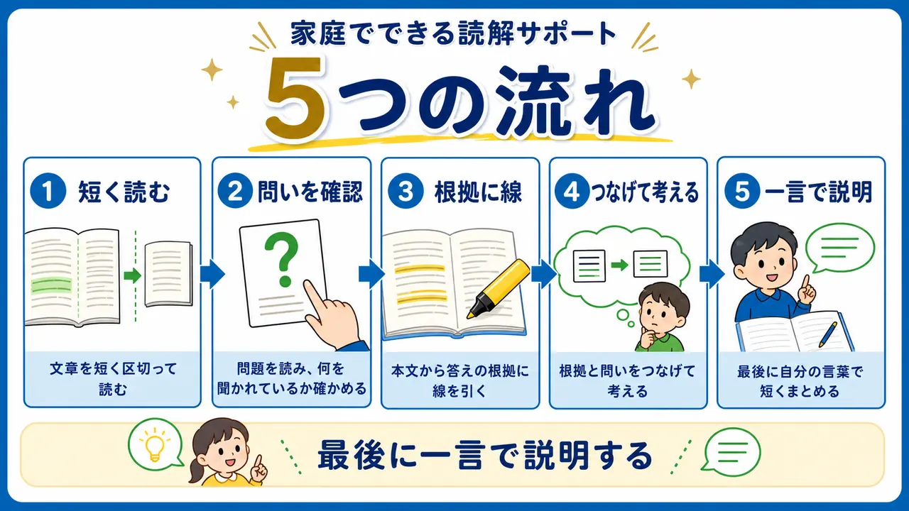 読解を支えるために、短く読む、問いを確認、根拠に線を引く手順を示した図