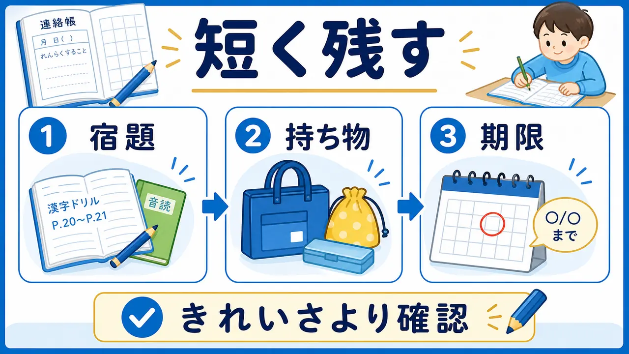 小学生が連絡帳に宿題、持ち物、期限を短く書く図