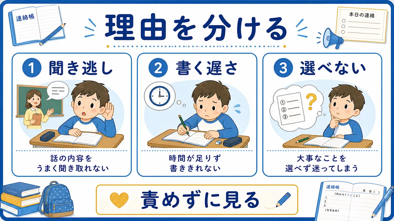 聞き逃し、書く遅さ、何を書くか迷う理由を分ける図