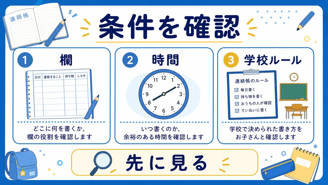 鉛筆、欄、書く時間、学校ルールを確認する図