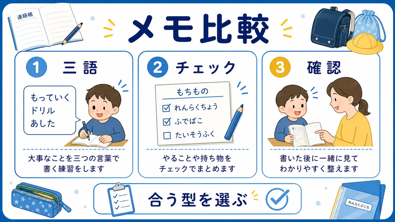 三語メモ、チェック式、前日準備、先生確認を比較する図
