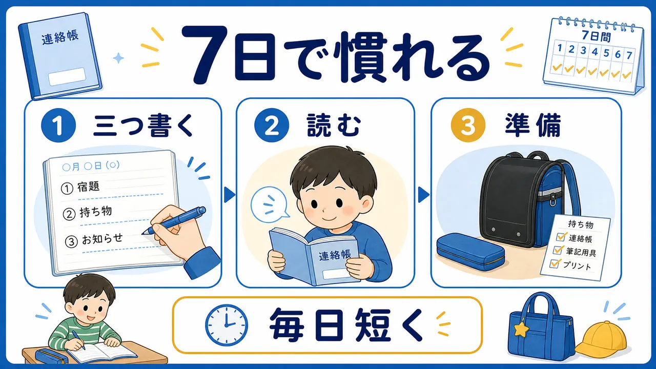 連絡帳メモに7日間で慣れる手順図
