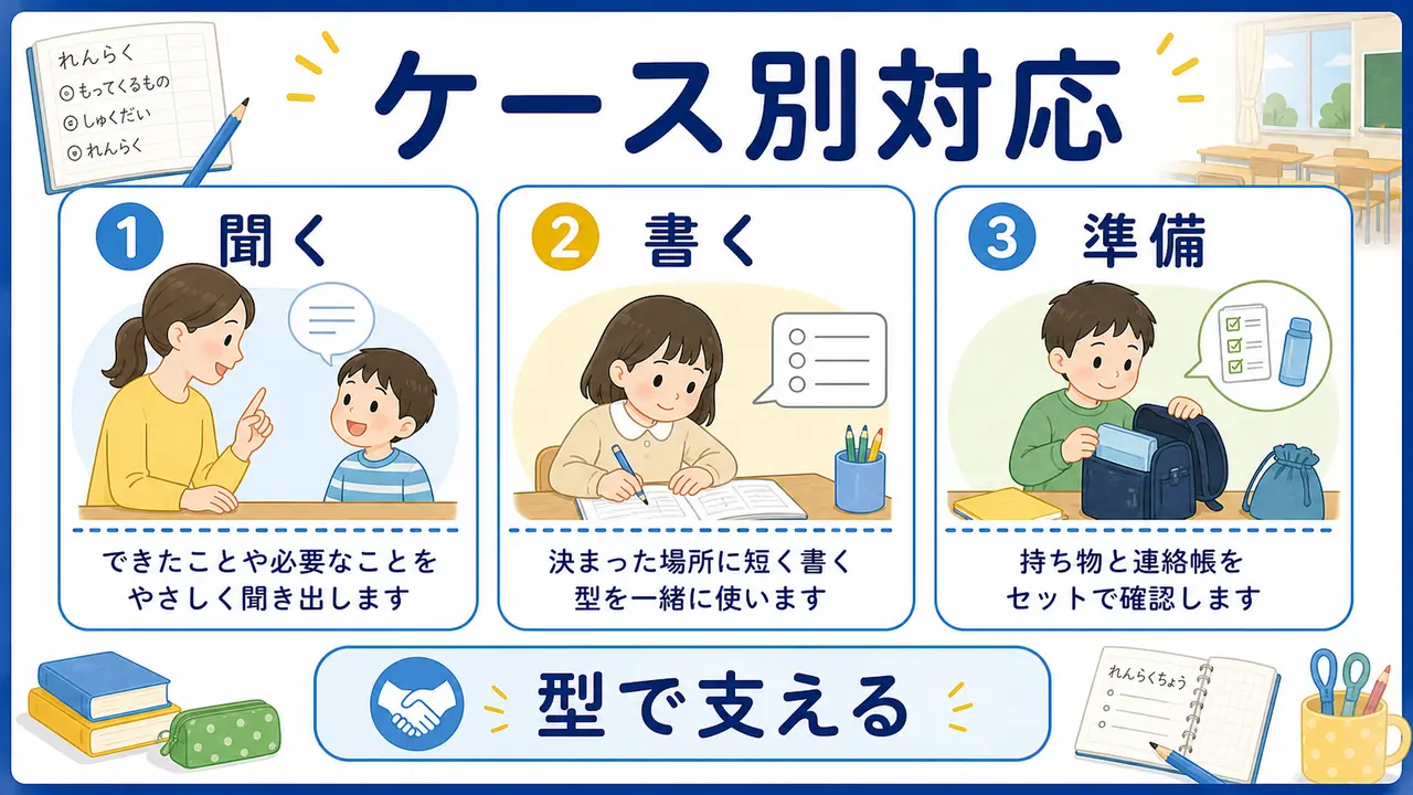 聞き逃し、字が遅い、忘れ物、欄が分からないケース図