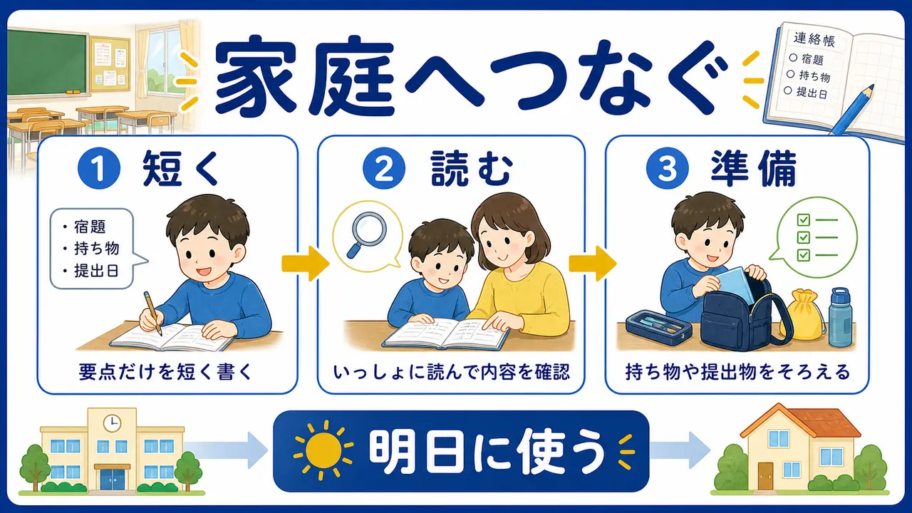 連絡帳を使って宿題と持ち物を家庭へつなぐまとめ図