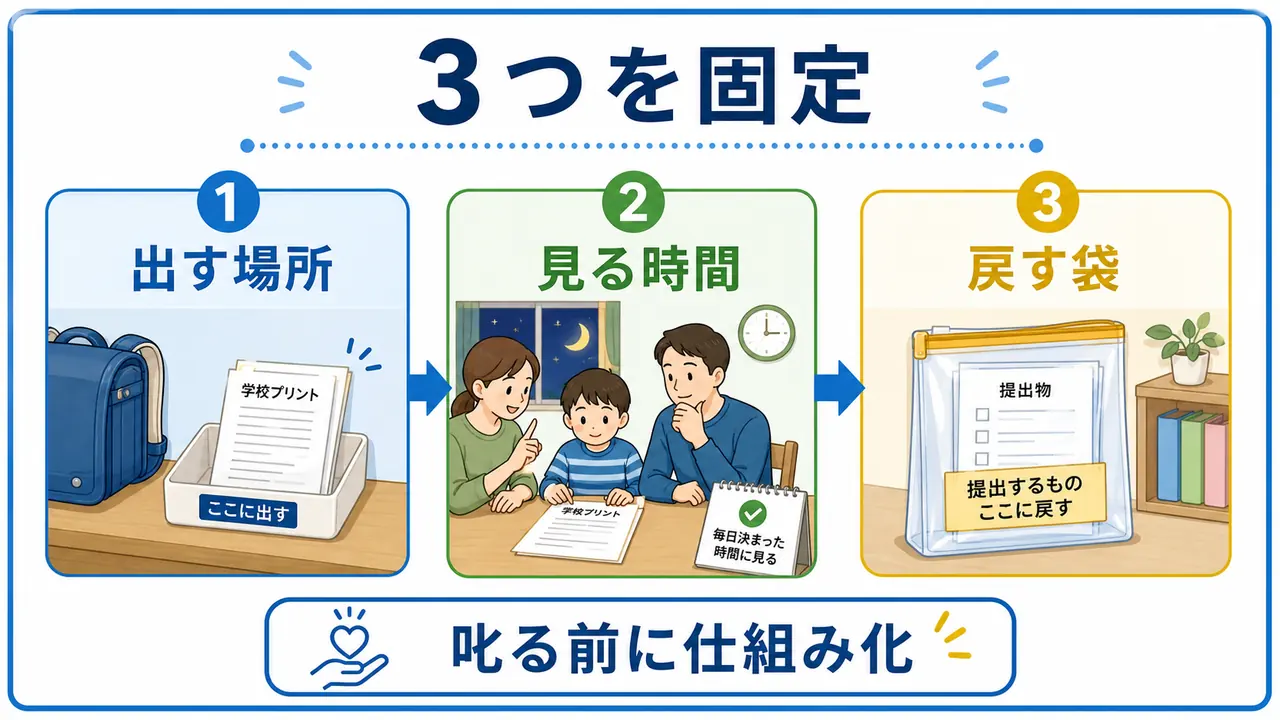 プリント管理は出す場所、見る時間、戻す袋の三つを固定する図
