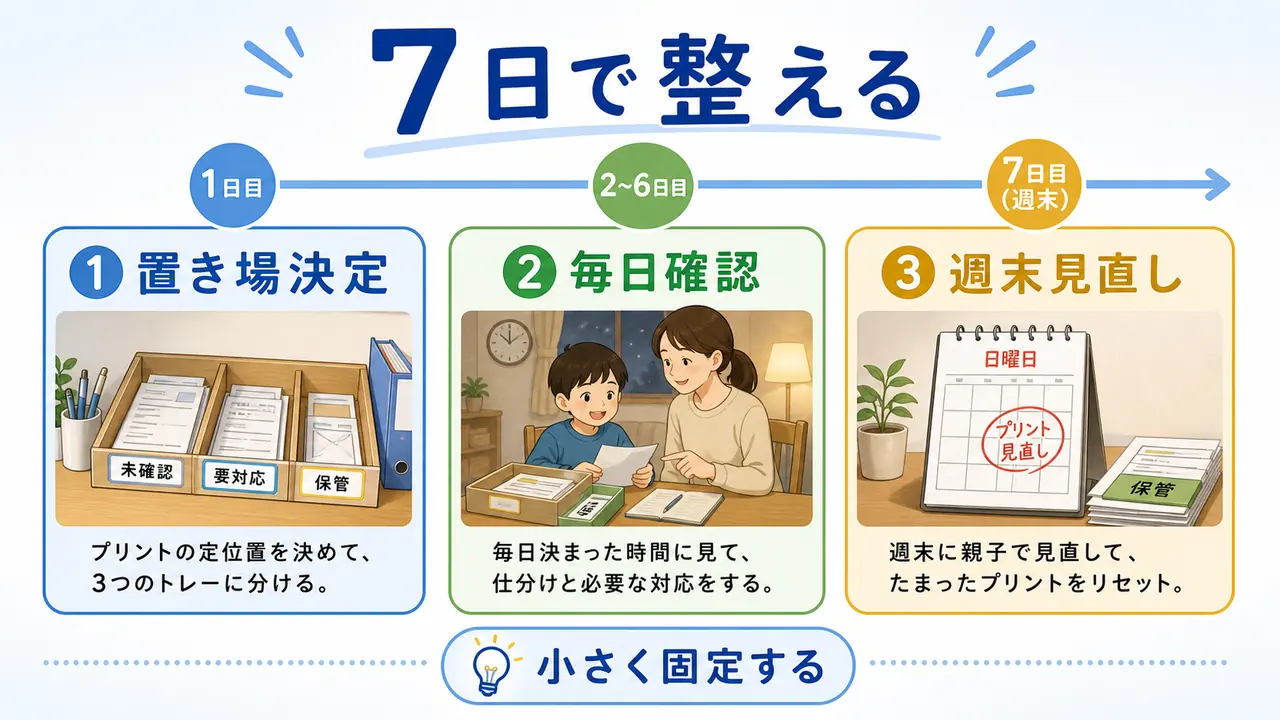 プリント管理を7日で整えるために置き場決定、毎日確認、週末見直しを行う図