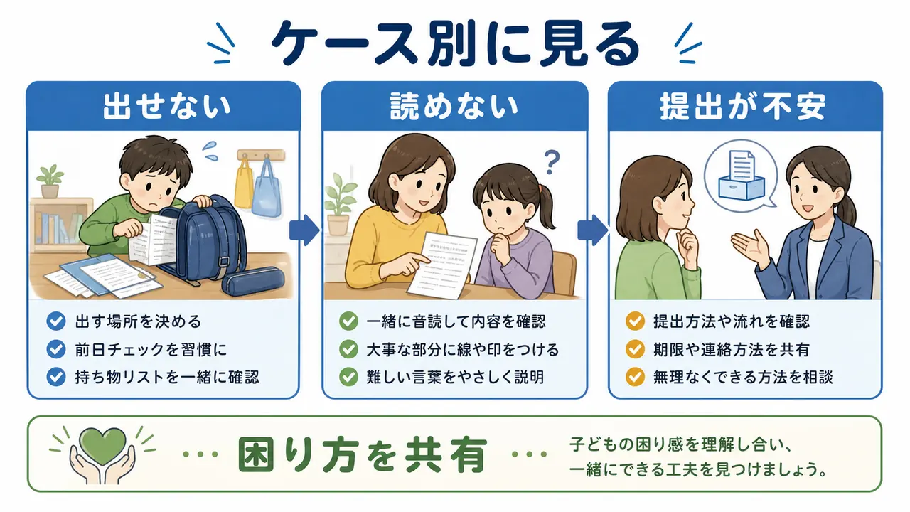 プリント管理の困り方を出せない、読めない、提出が不安に分けて支える図