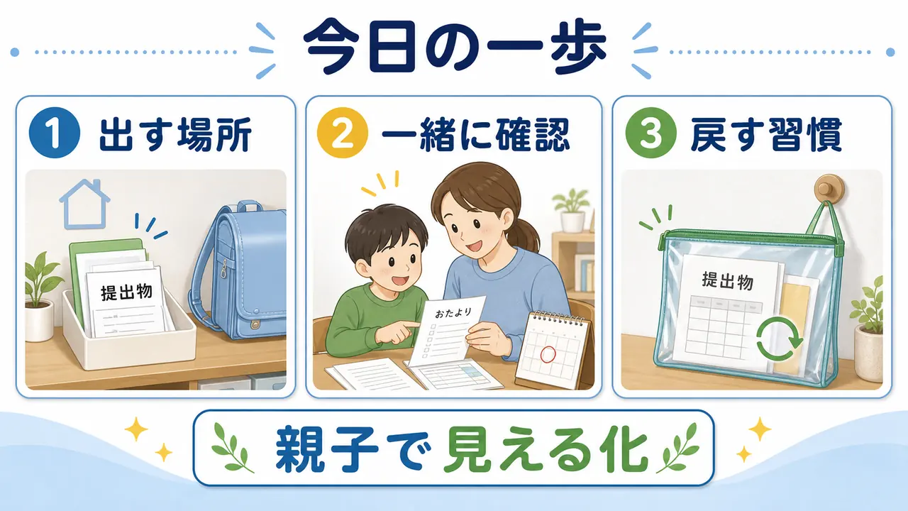 プリント管理の今日の一歩として出す場所、一緒に確認、戻す習慣を示した図