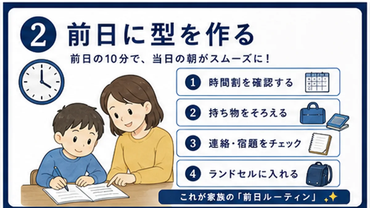 前日に時間割、教科書、持ち物をそろえる図