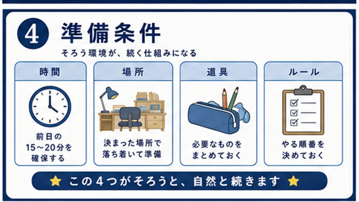 置き場所、時間、親の関わり、学校連絡を確認する図