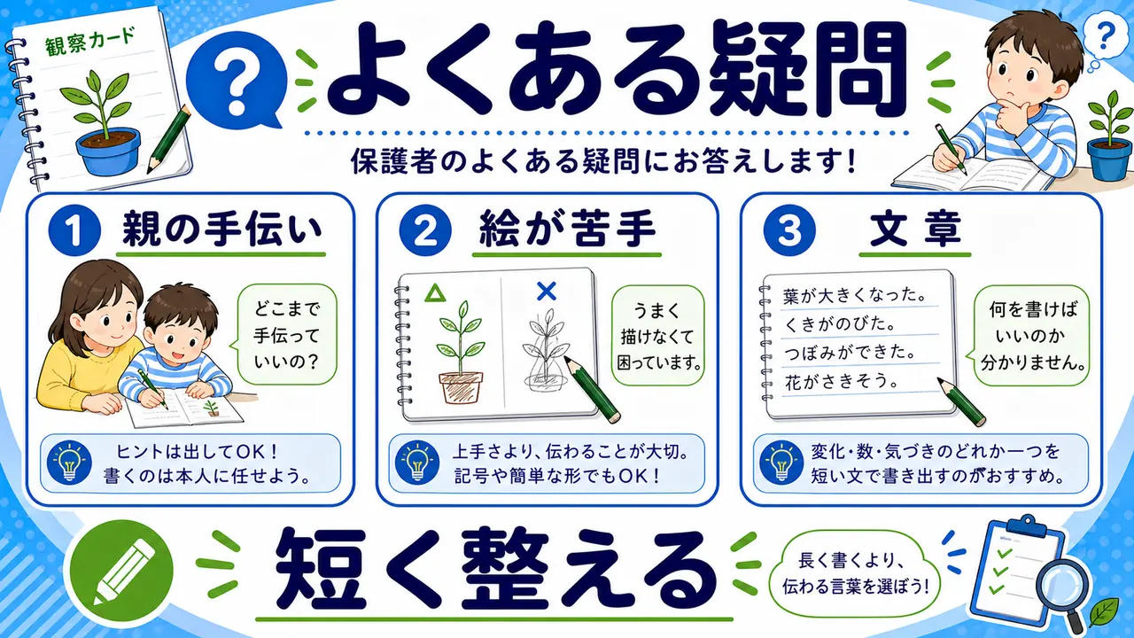 理科の観察カードでよくある質問を整理する図
