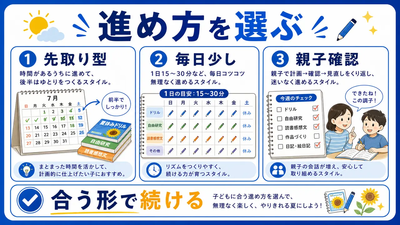 先取り、毎日型、週末型、親子確認を比べる図
