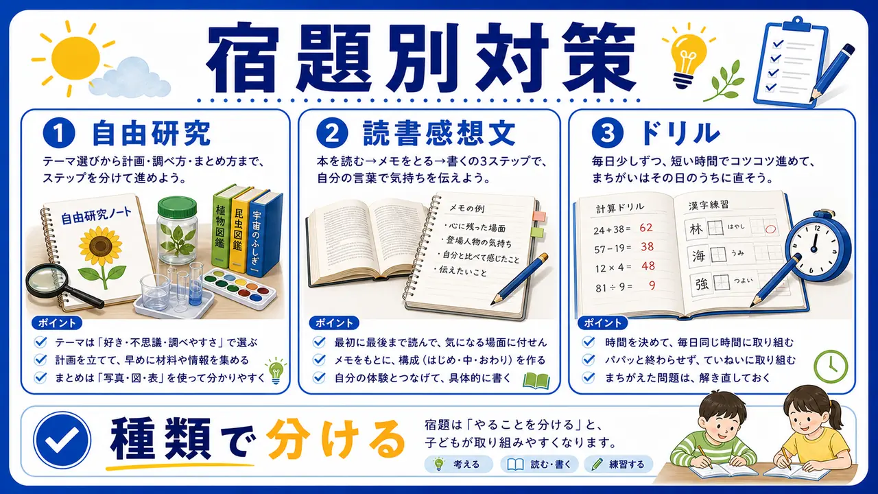 自由研究、読書感想文、ドリル、休み明け前のケース図