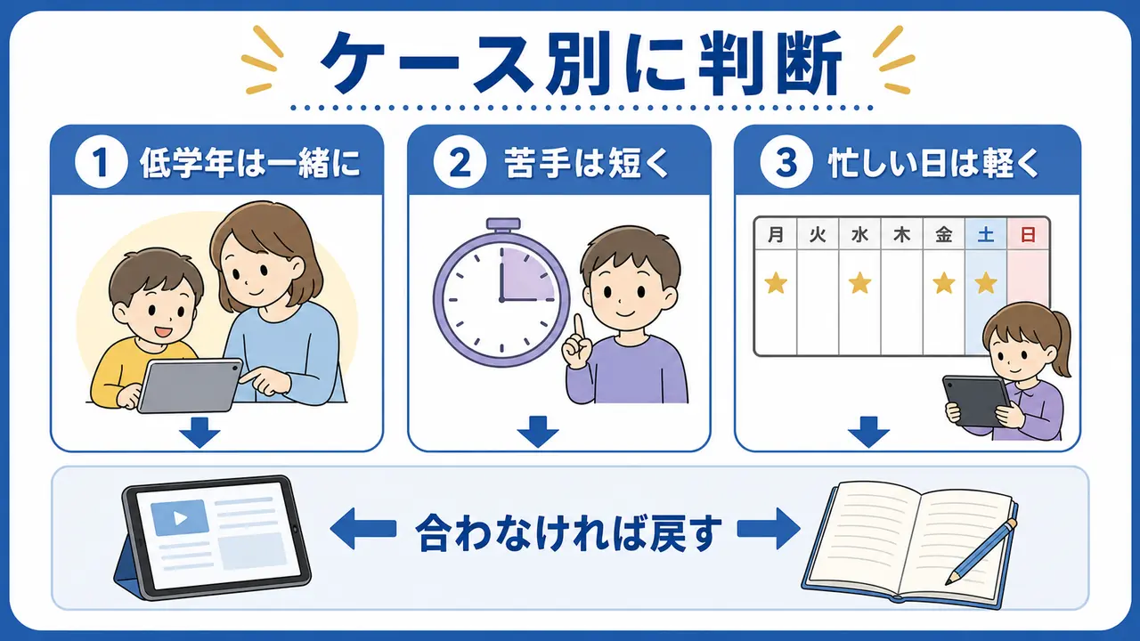 低学年、苦手がある子、忙しい家庭に合わせたタブレット学習の判断を示した図