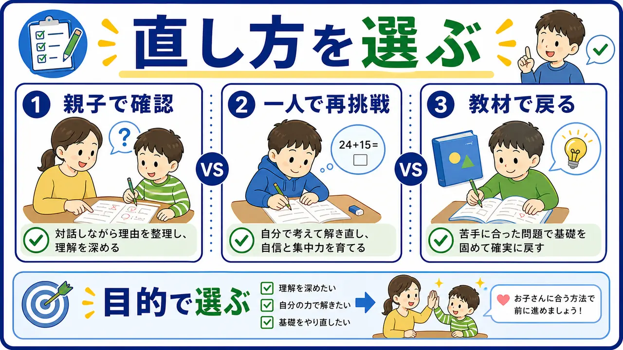 親子で確認、一人で再挑戦、教材で戻る方法を比較する図