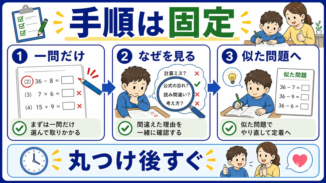 一問だけ選び、理由を見て、似た問題へ進む図