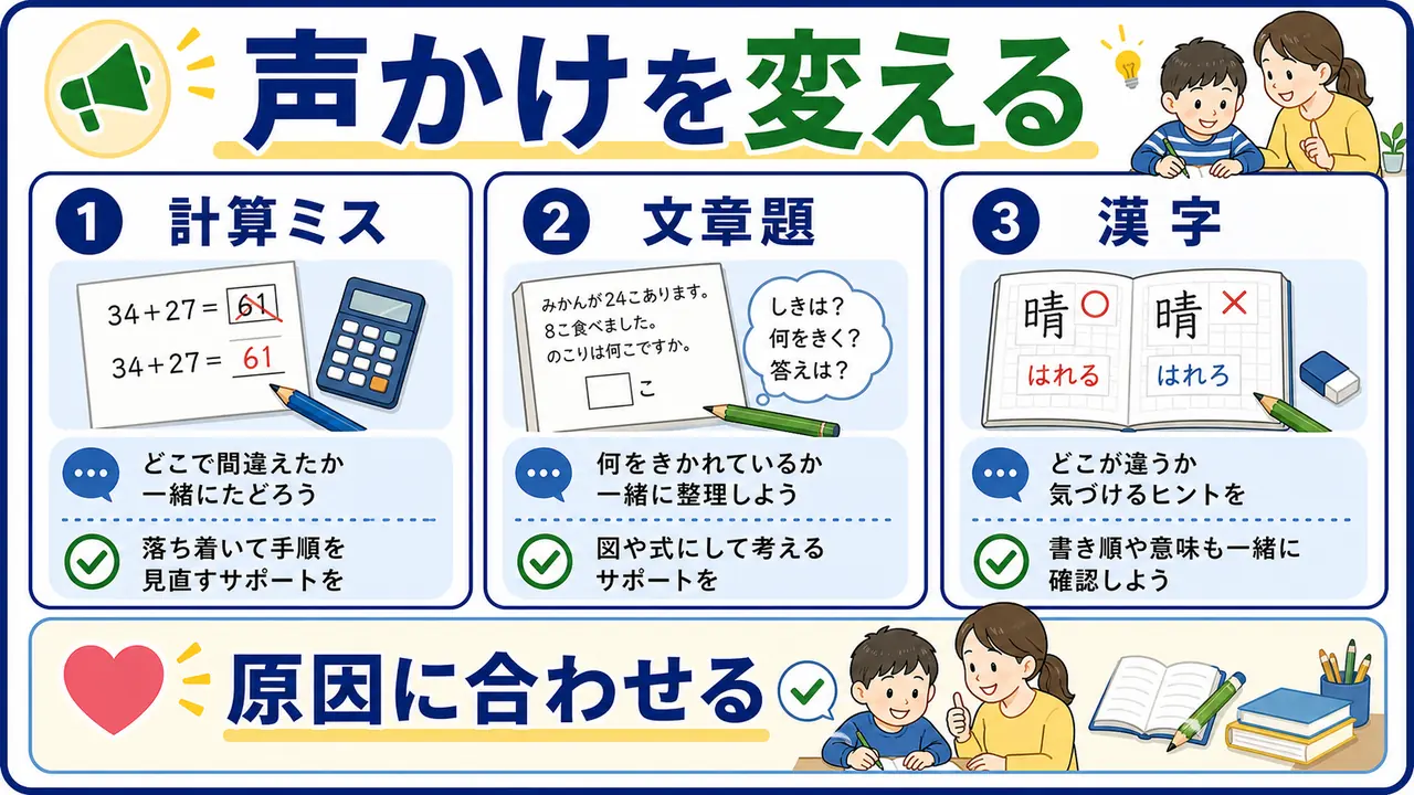 計算ミス、文章題、漢字のケース別に声かけを変える図