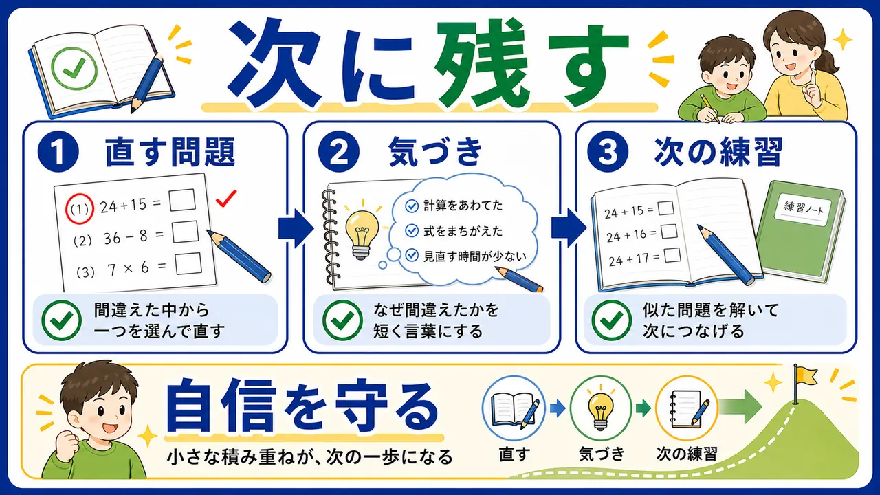 直す問題、気づき、次の練習を記録する図
