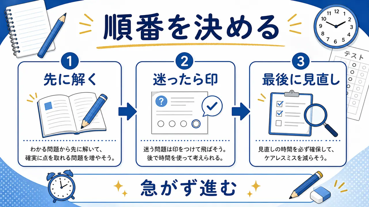 小学生がテストで解く順番を確認する図