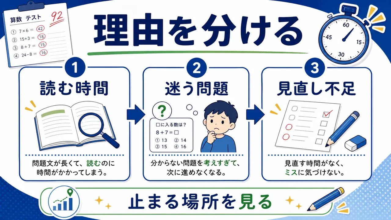 読む速さ、迷い、計算、見直しを分ける図