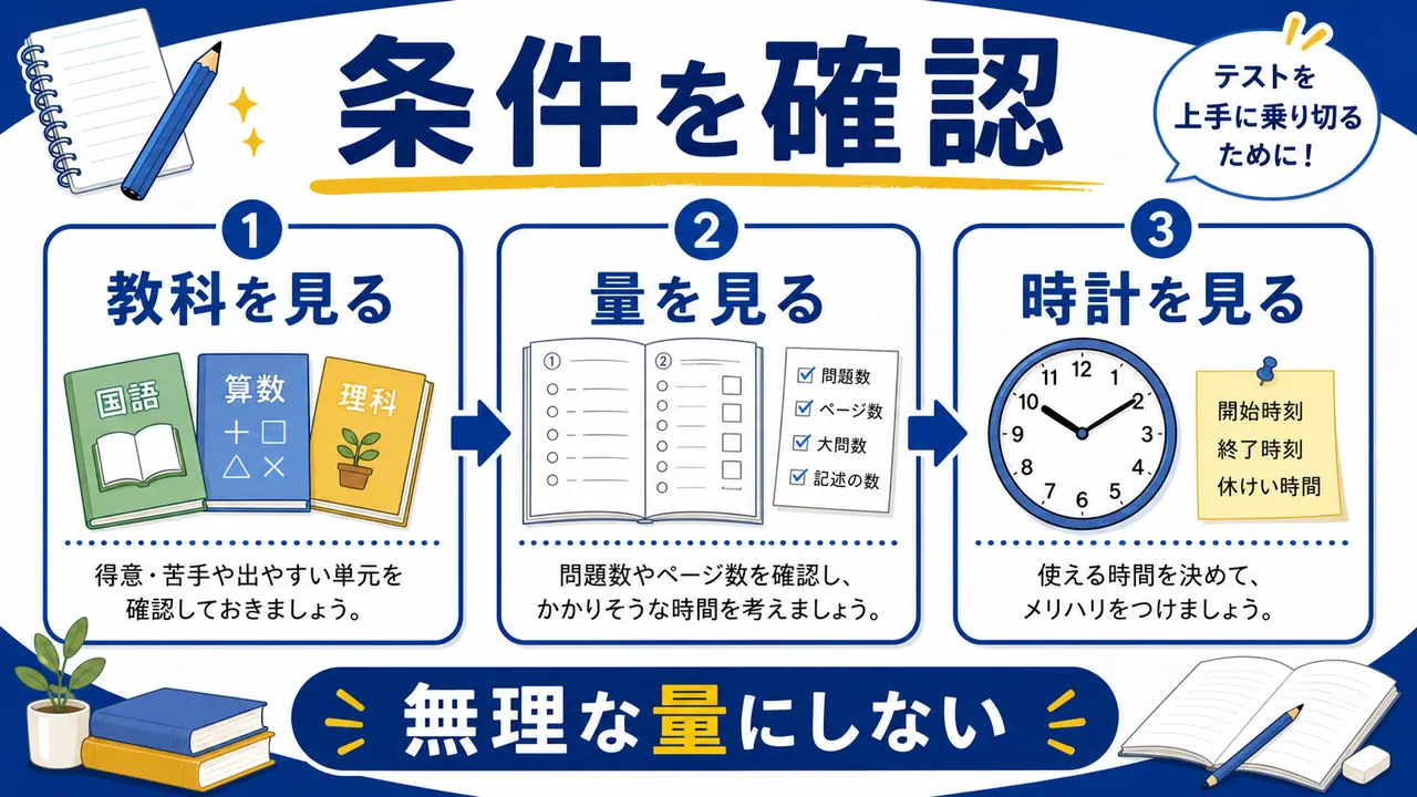 問題量、教科、集中時間、時計を確認する図