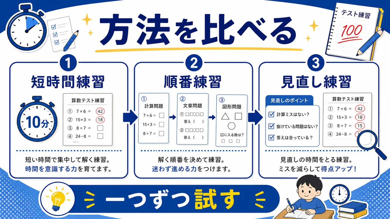 時間練習、順番練習、見直し練習を比べる図