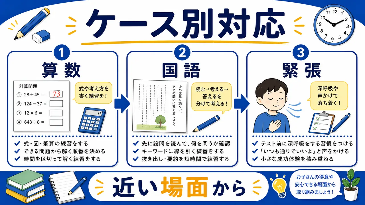 算数、国語、見直し、緊張のケースを整理する図
