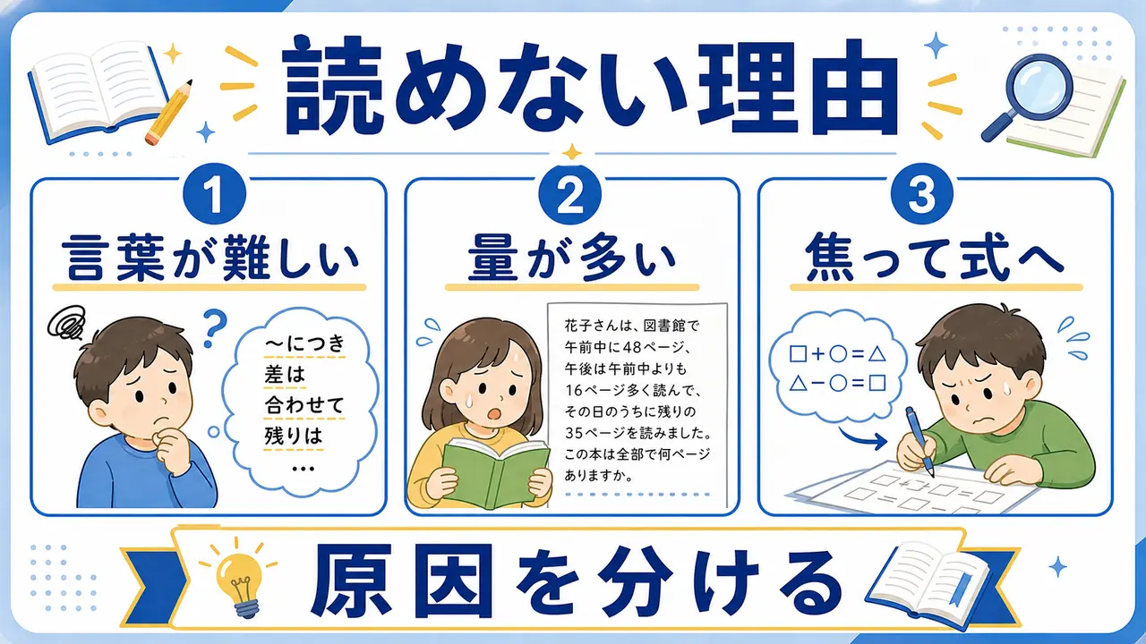 言葉の難しさ、文量、焦って式に進むことがつまずきになる図