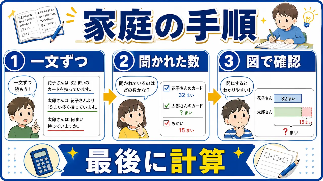 一文ずつ読み、聞かれた数を確認し、図で整理する手順の図