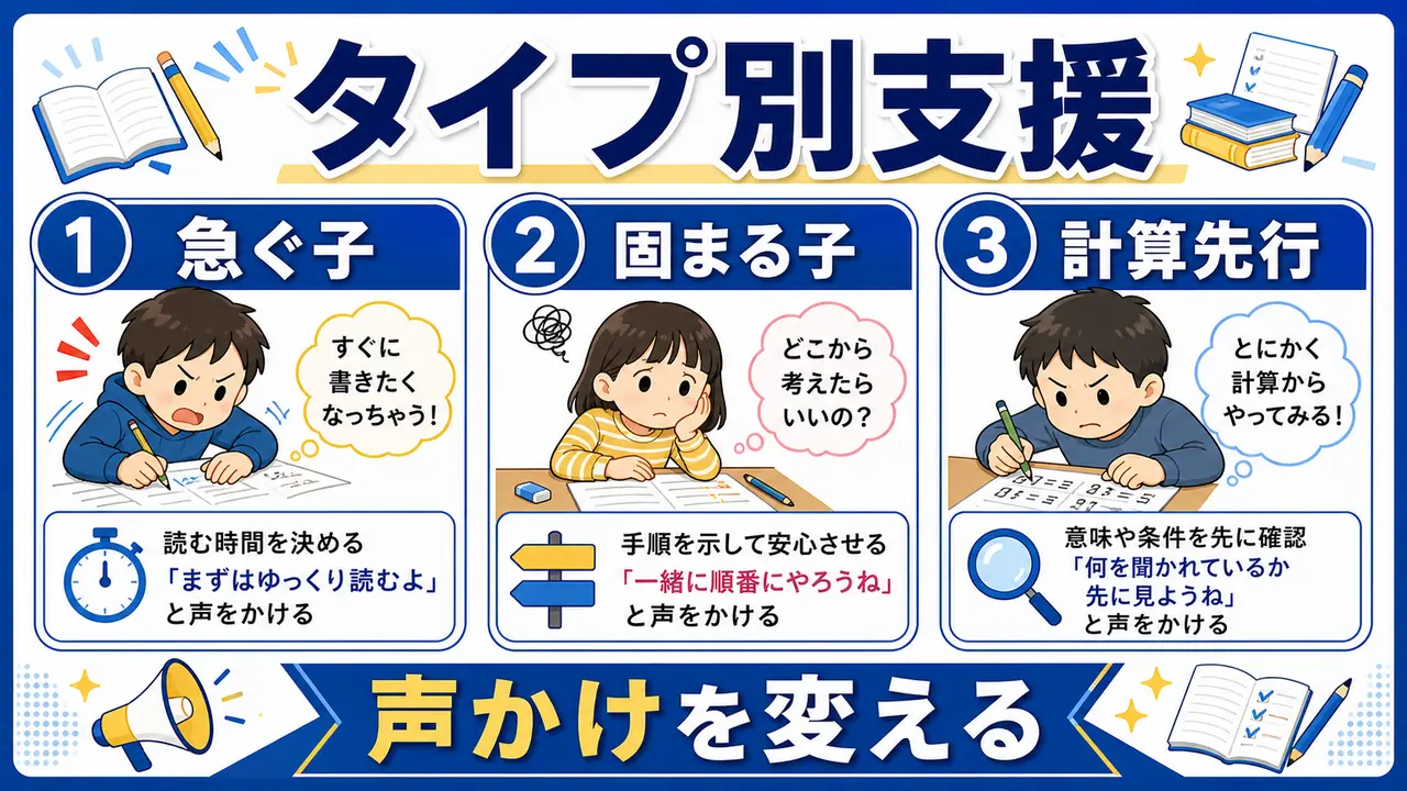 急ぐ子、固まる子、計算だけ先にする子の対応を分ける図