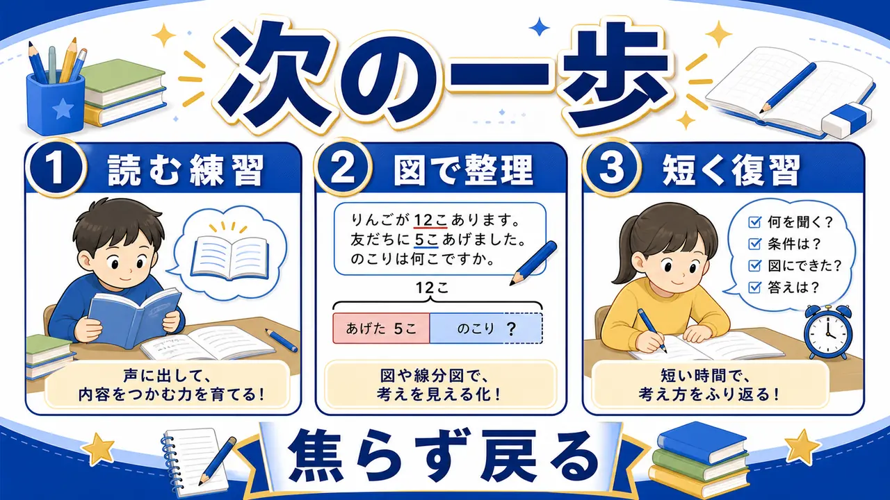 読む練習、図で整理、短い復習を次の一歩にする図