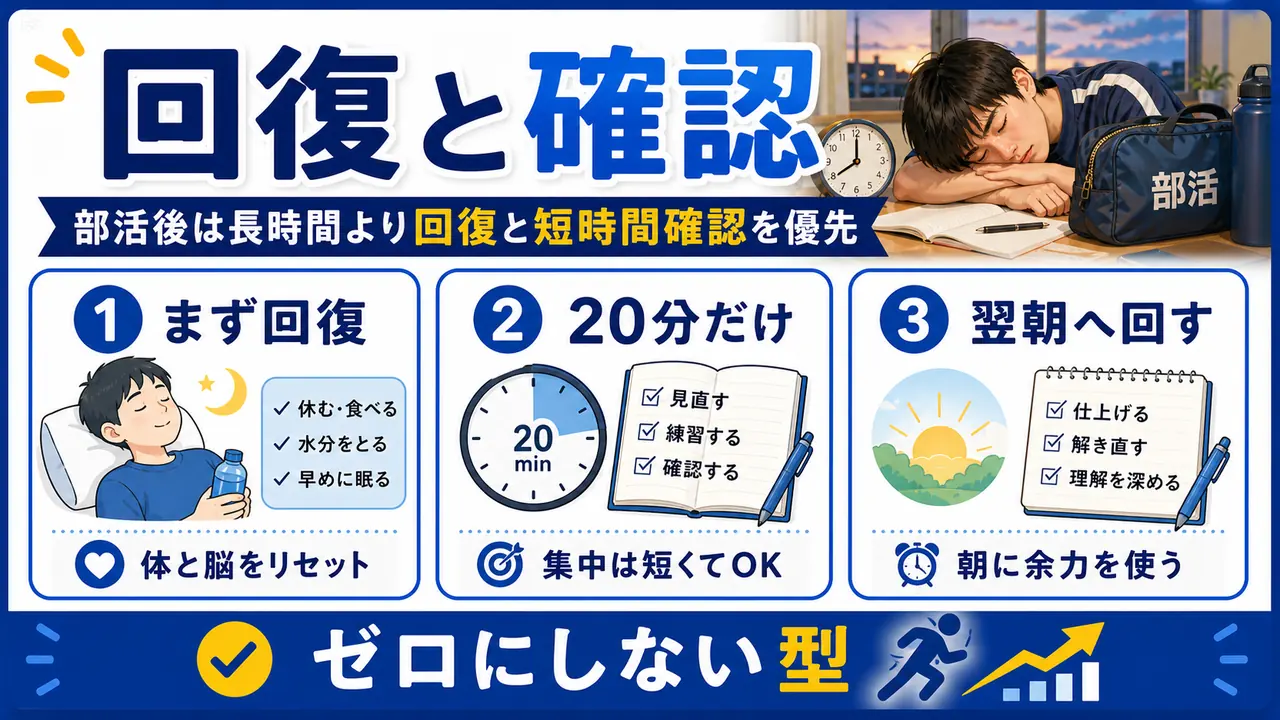 部活後の回復と短時間学習を分ける図
