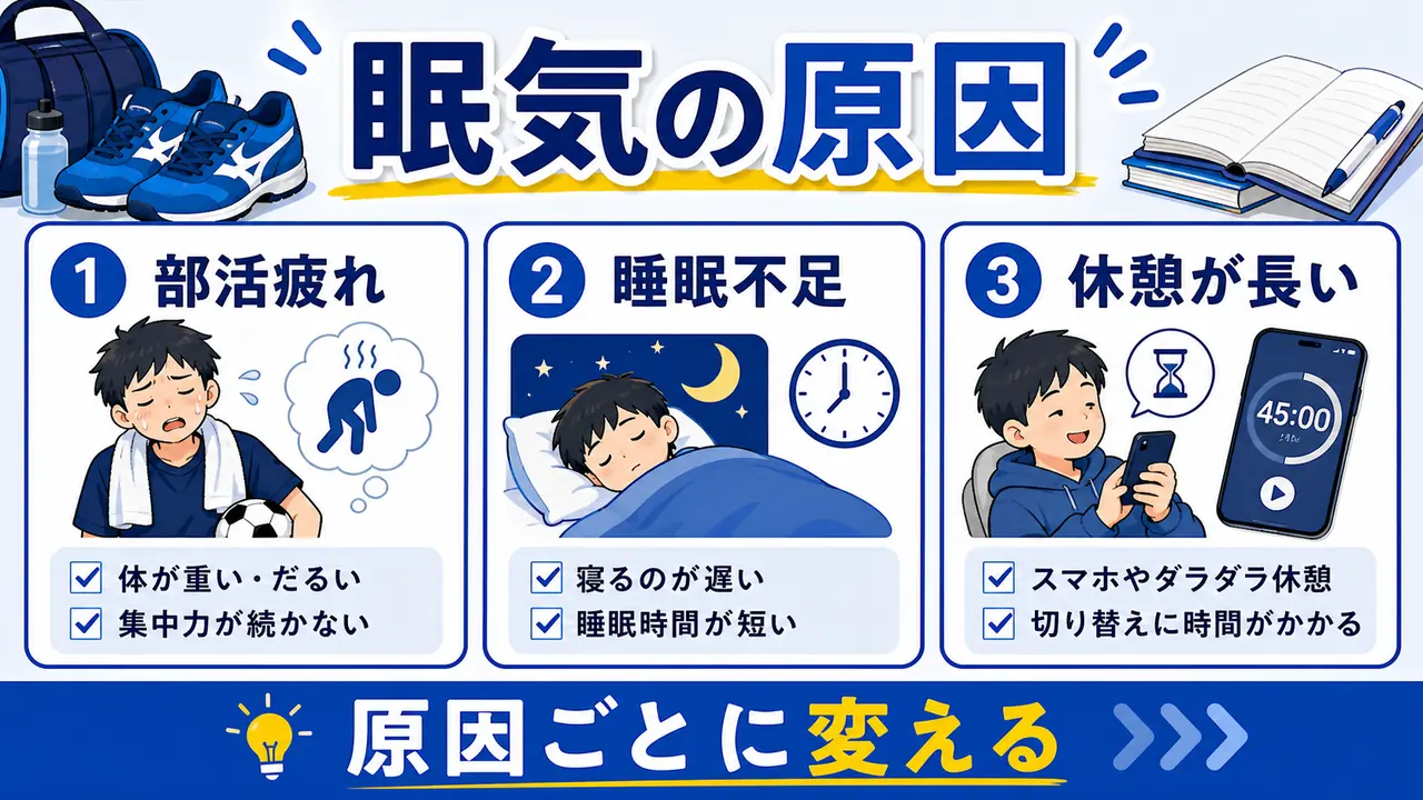 部活疲れ、睡眠不足、食後の眠気を分ける図