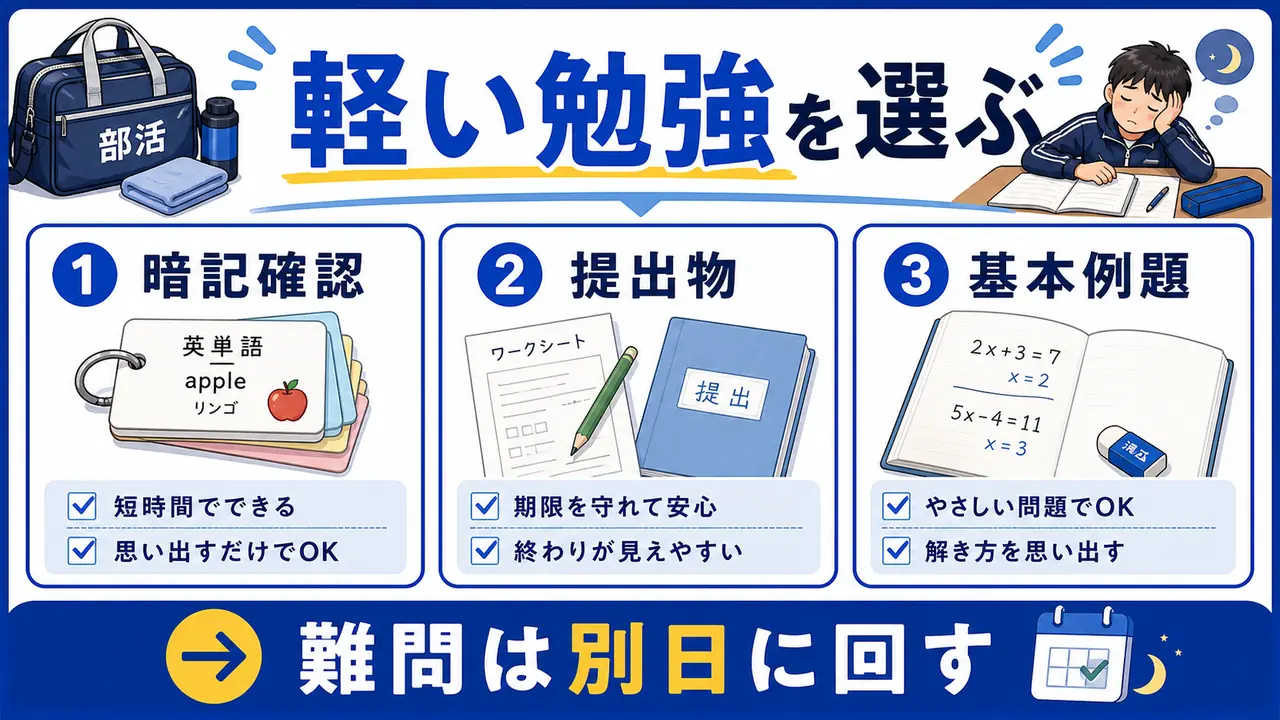 暗記、提出物、演習、動画授業を比較する表の図
