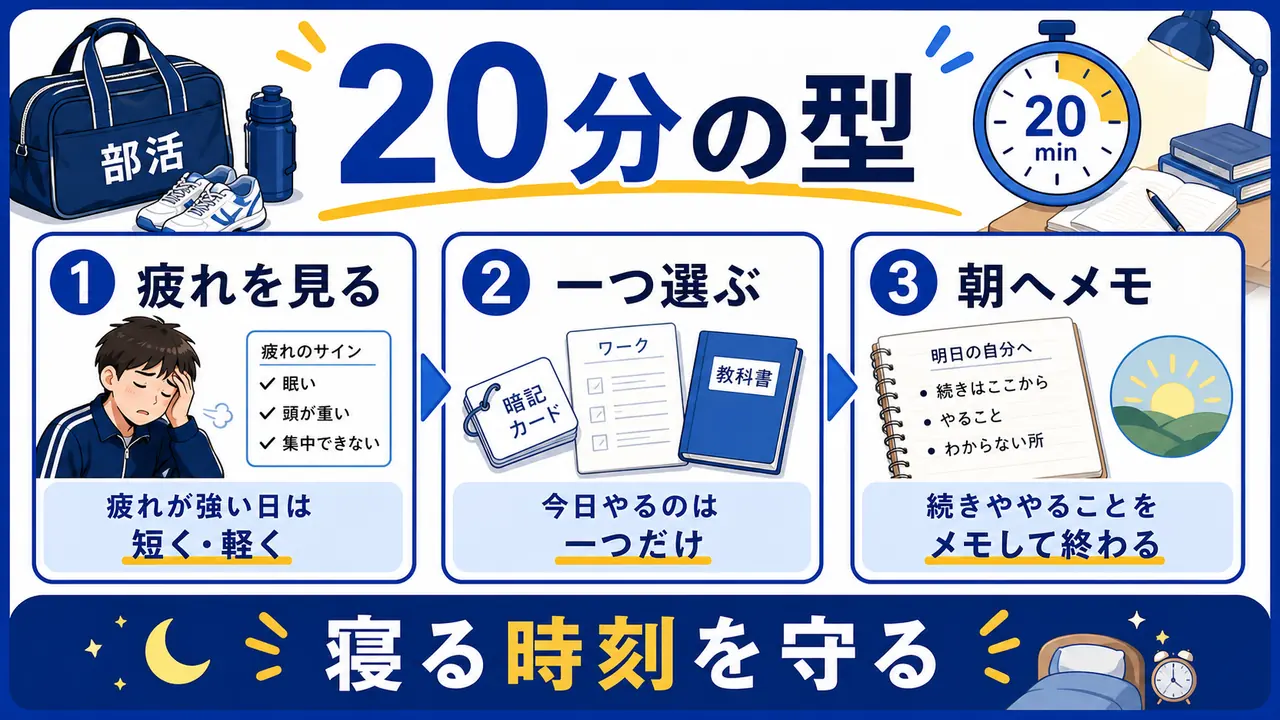 部活後に20分だけ学習する手順の図