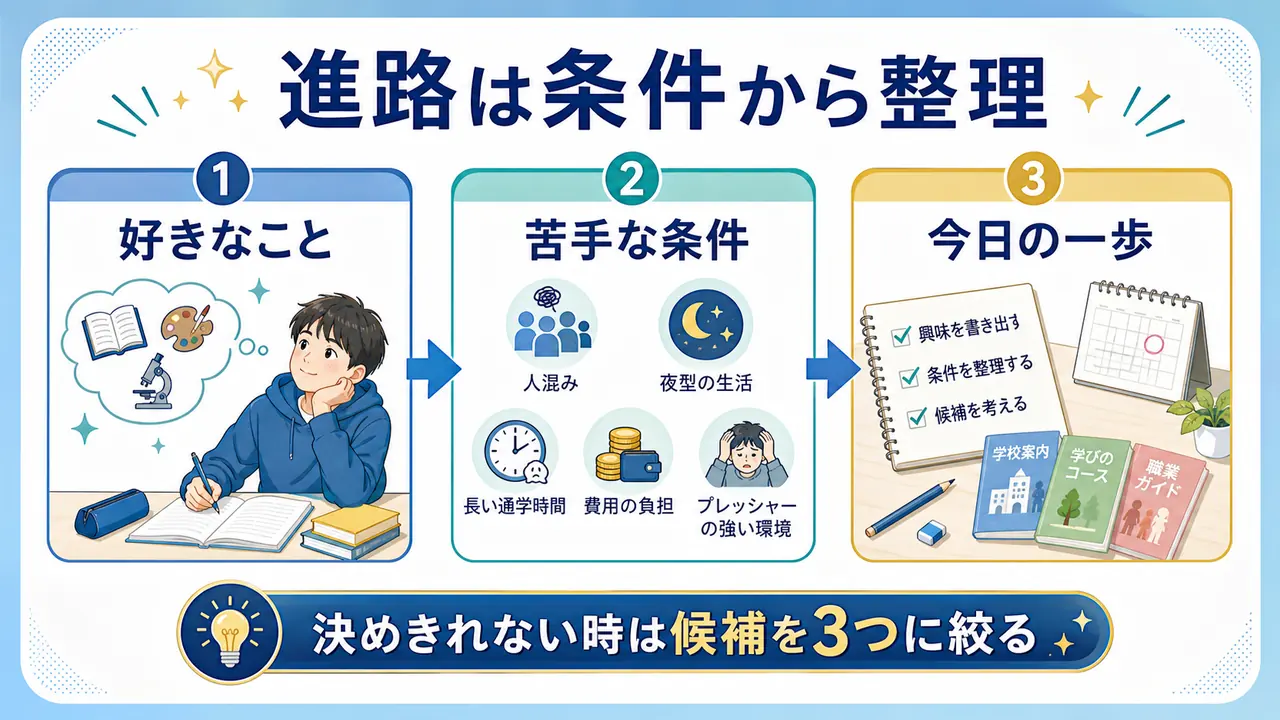 進路を好きなこと、苦手な条件、今日の一歩に分けて整理する図