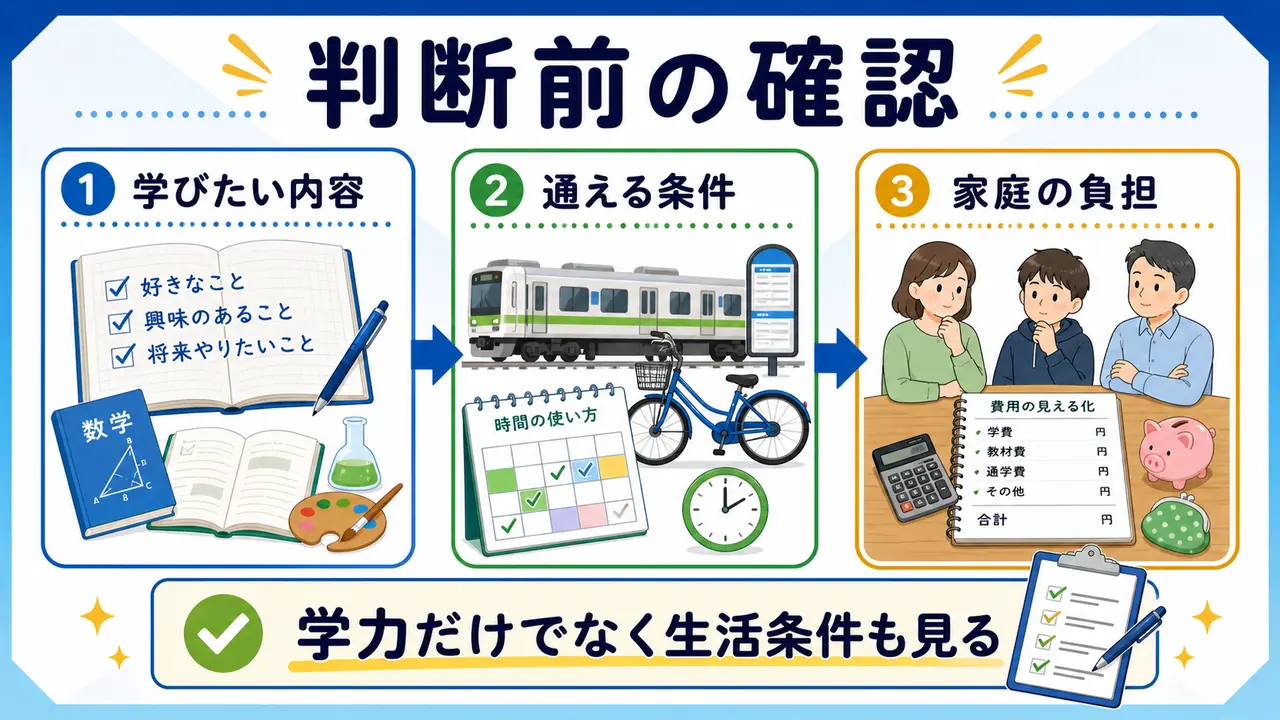 進路判断前に学びたい内容、通える条件、家庭の負担を確認する図