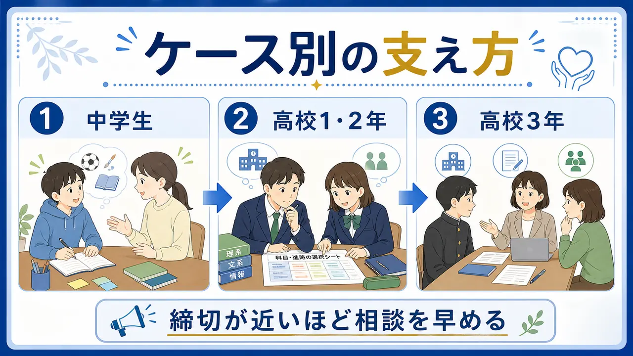 中学生、高校1・2年、高校3年の進路整理で優先することを分ける図