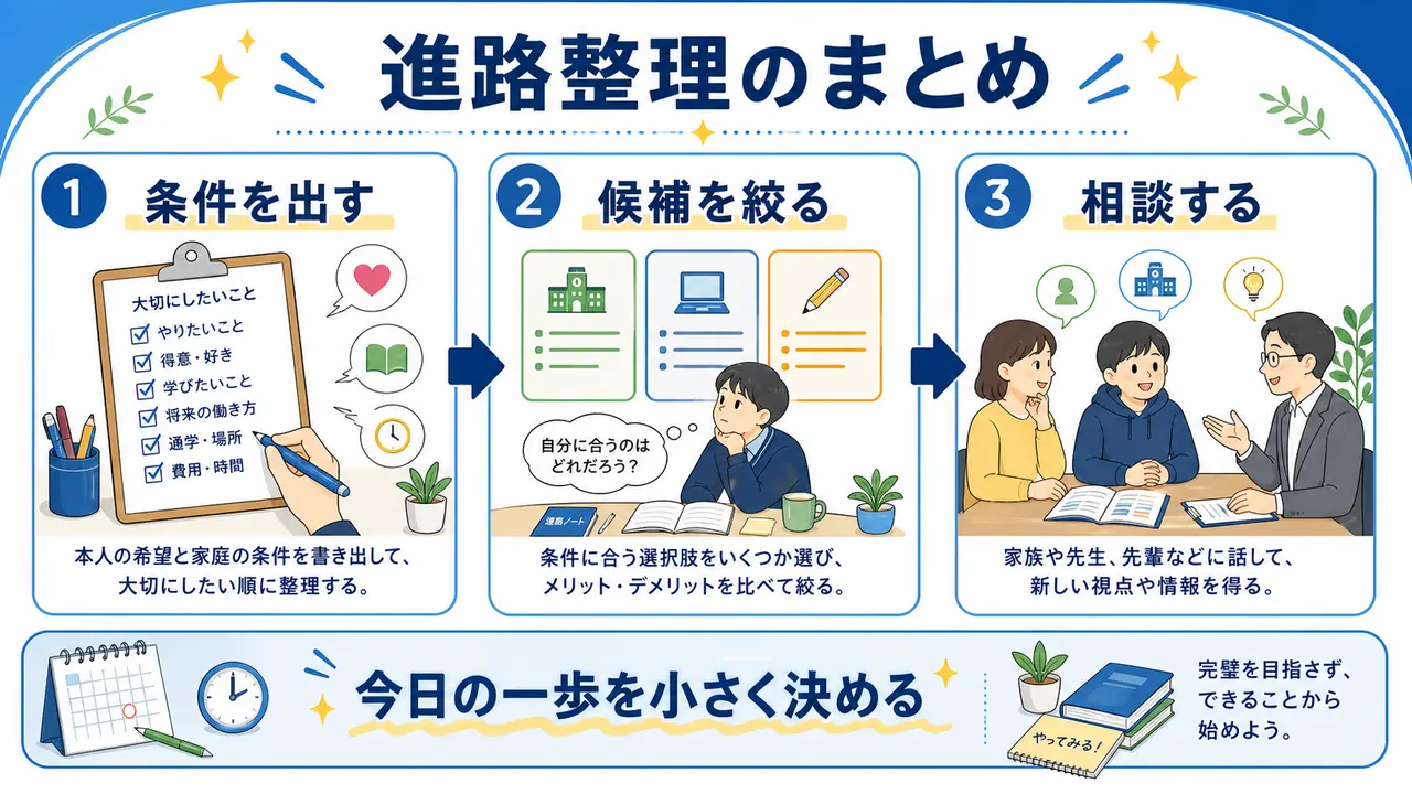 進路整理のまとめとして条件を出す、候補を絞る、相談する流れを示す図