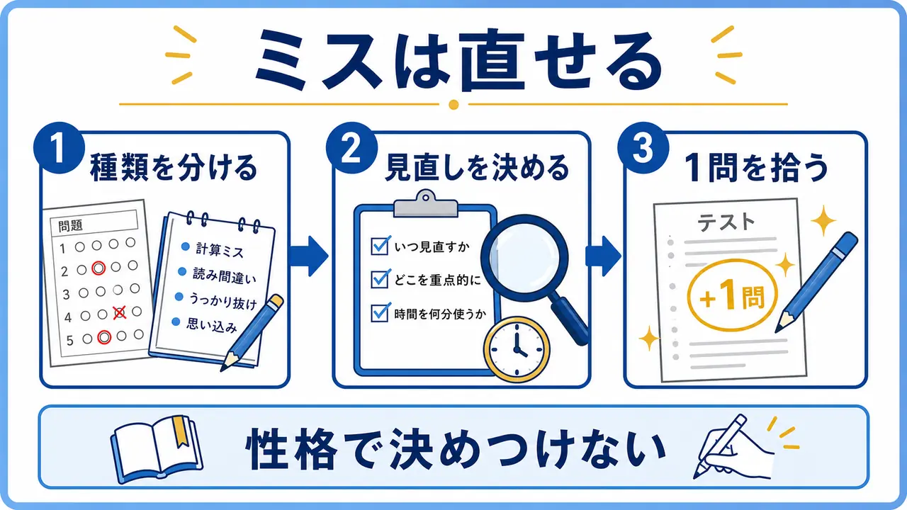 ケアレスミスを種類に分けて、見直し手順を決め、次の1問を拾う流れを示す図