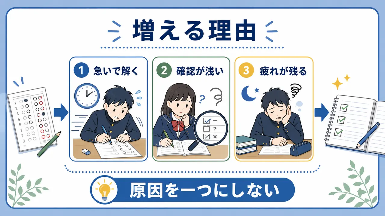 ケアレスミスが増える理由を急いで解く、確認が浅い、疲れが残るに分けた図