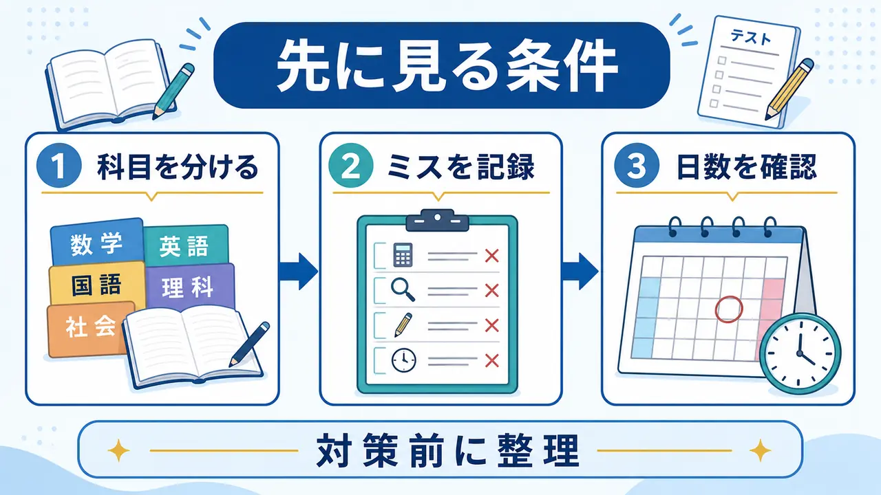 ケアレスミス対策の前に科目、ミスの記録、テストまでの日数を確認する図