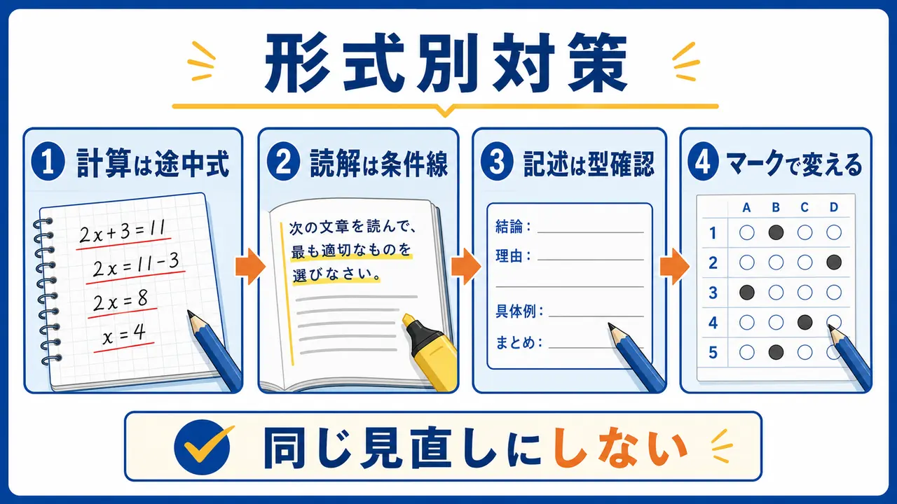 計算、読解、記述の形式別にケアレスミス対策を変える図