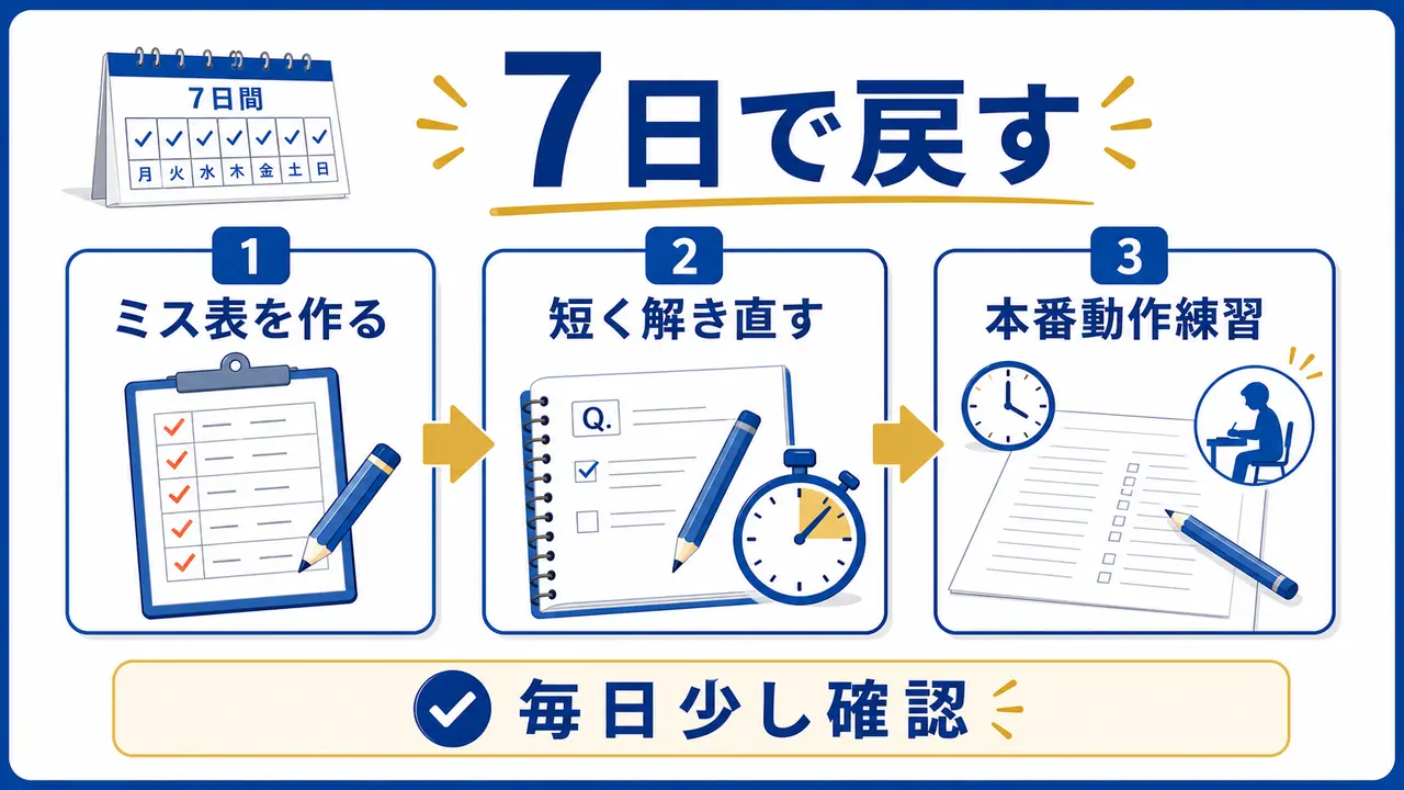 テスト前7日間でミス表を作り、短く解き直し、本番の見直し動作を練習する図